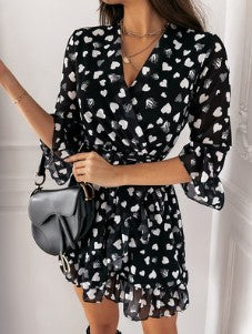 Robe Longue Manches Longues Imprimé Cœur – Style Romantique Femme