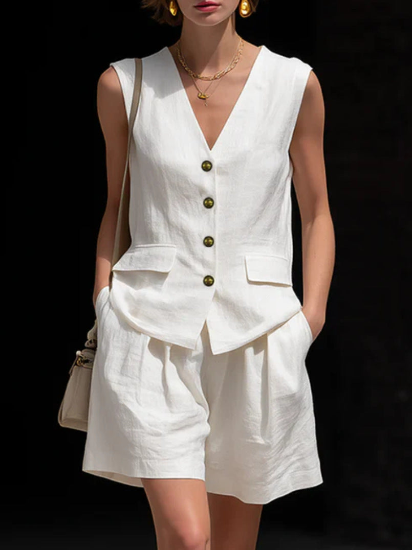 Ensemble Femme Deux Pièces Gilet Sans Manches et Short en Coton-Lin