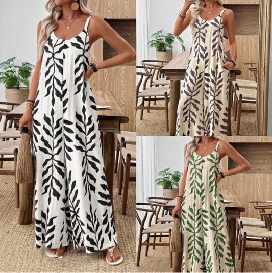 Combinaison femme col V – Imprimé feuilles tropicales, poches, style casual