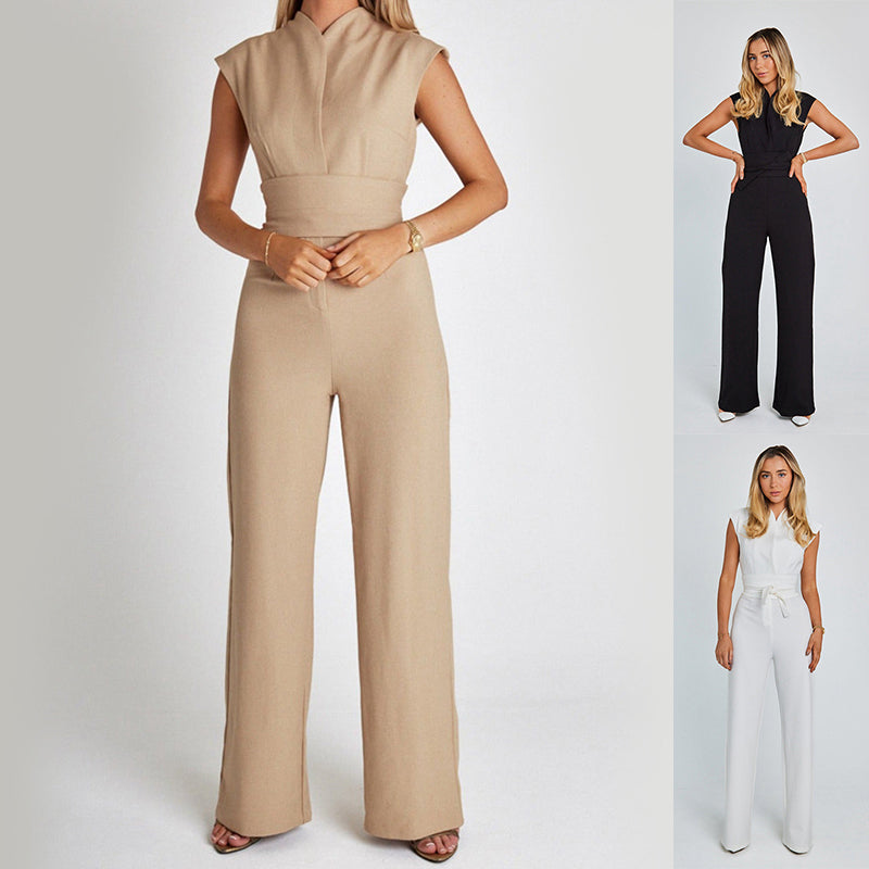 Combinaison longue sans manches femme – Col V, jambes larges, style élégant