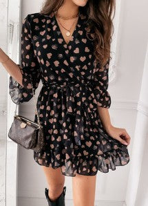 Robe Longue Manches Longues Imprimé Cœur – Style Romantique Femme