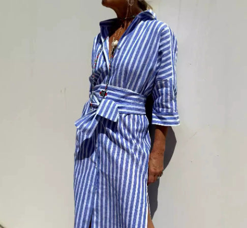 Robe chemise à rayures avec ceinture – Manches mi-longues, revers, boutonnage