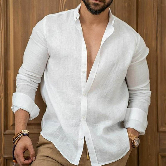 Chemise Lin Homme – Boutons, Couleur Unie, Style Plage Été