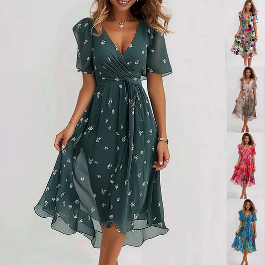 Robe en mousseline imprimée – Col V, manches courtes, style élégant été