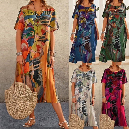Robe longue casual imprimée – Manches courtes, col rond, style plage été