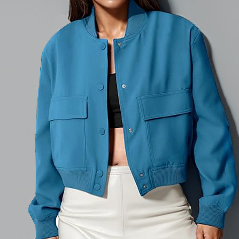 Veste courte femme à boutons et grandes poches – Col montant, coupe ample