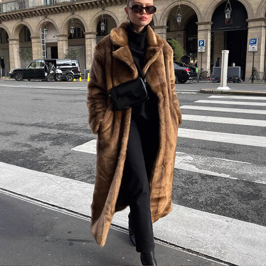 Manteau long d’hiver marron – Chaud, col à revers élégant