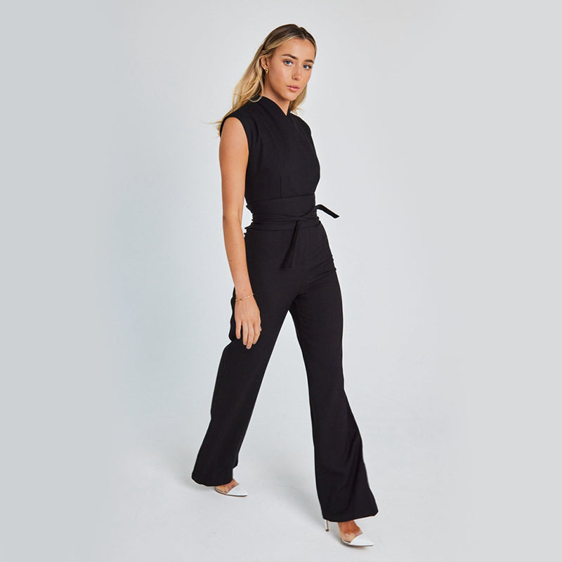 Combinaison longue sans manches femme – Col V, jambes larges, style élégant