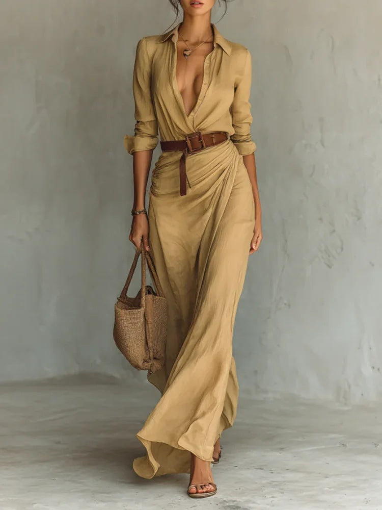 Robe chemise longue irrégulière avec ceinture – Revers, manches longues, style bureau