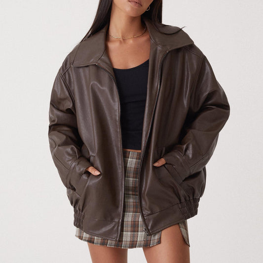 Veste en cuir style motard femme – Coupe ample, printemps-automne