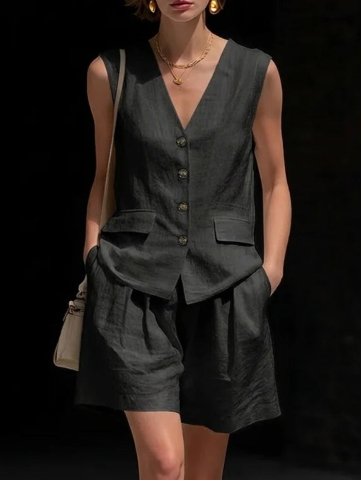 Ensemble Femme Deux Pièces Gilet Sans Manches et Short en Coton-Lin