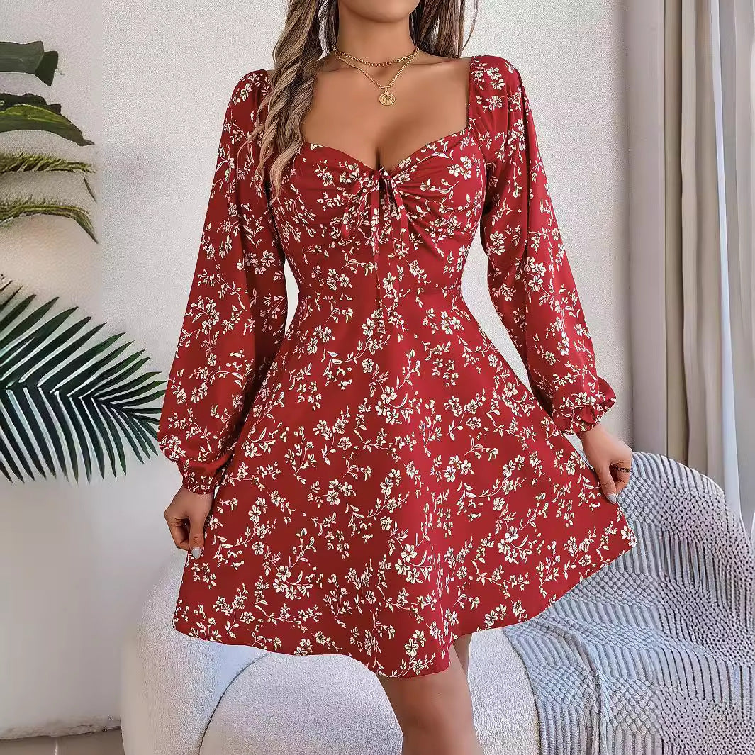 Robe Imprimée Florale Manches Lanternes Col Carré – Style Casual Sexy