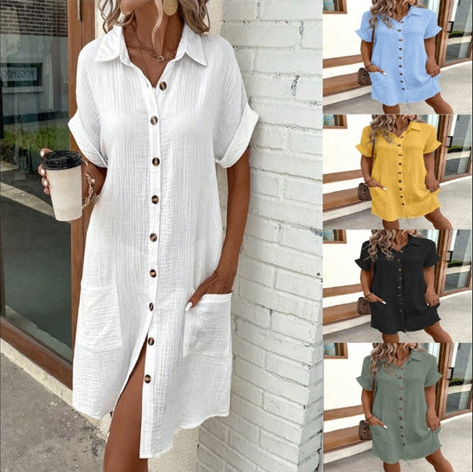 Robe chemise mi-longue – Manches courtes, couleur unie, boutonnage simple