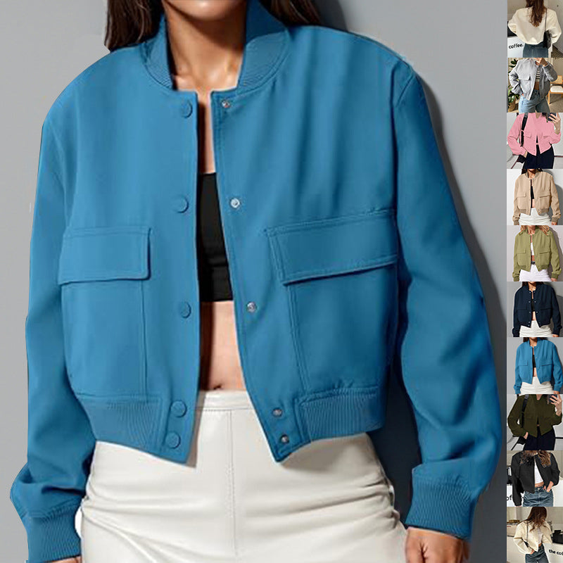 Veste courte femme à boutons et grandes poches – Col montant, coupe ample