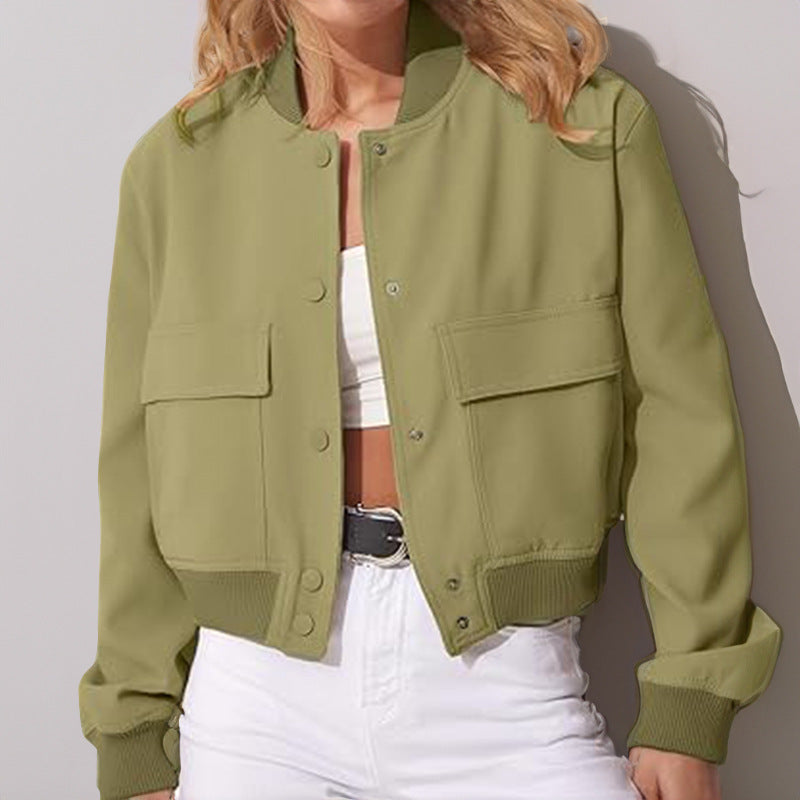 Veste courte femme à boutons et grandes poches – Col montant, coupe ample