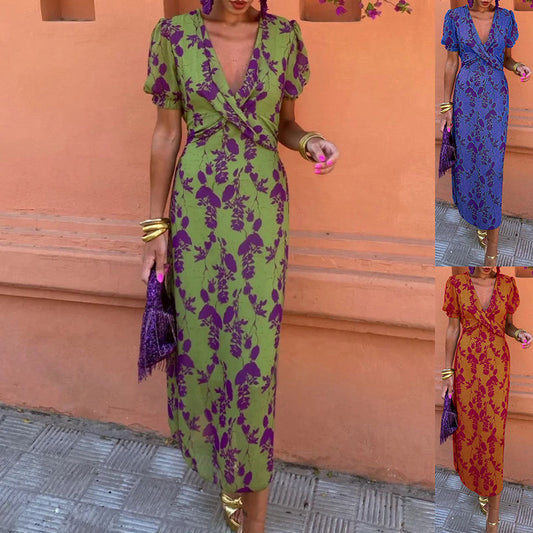 Robe d'été femme col V – Manches courtes, imprimé floral, coupe slim, plage
