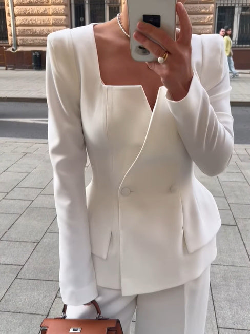 Blazer col carré à deux boutons – Couleur unie & style élégant