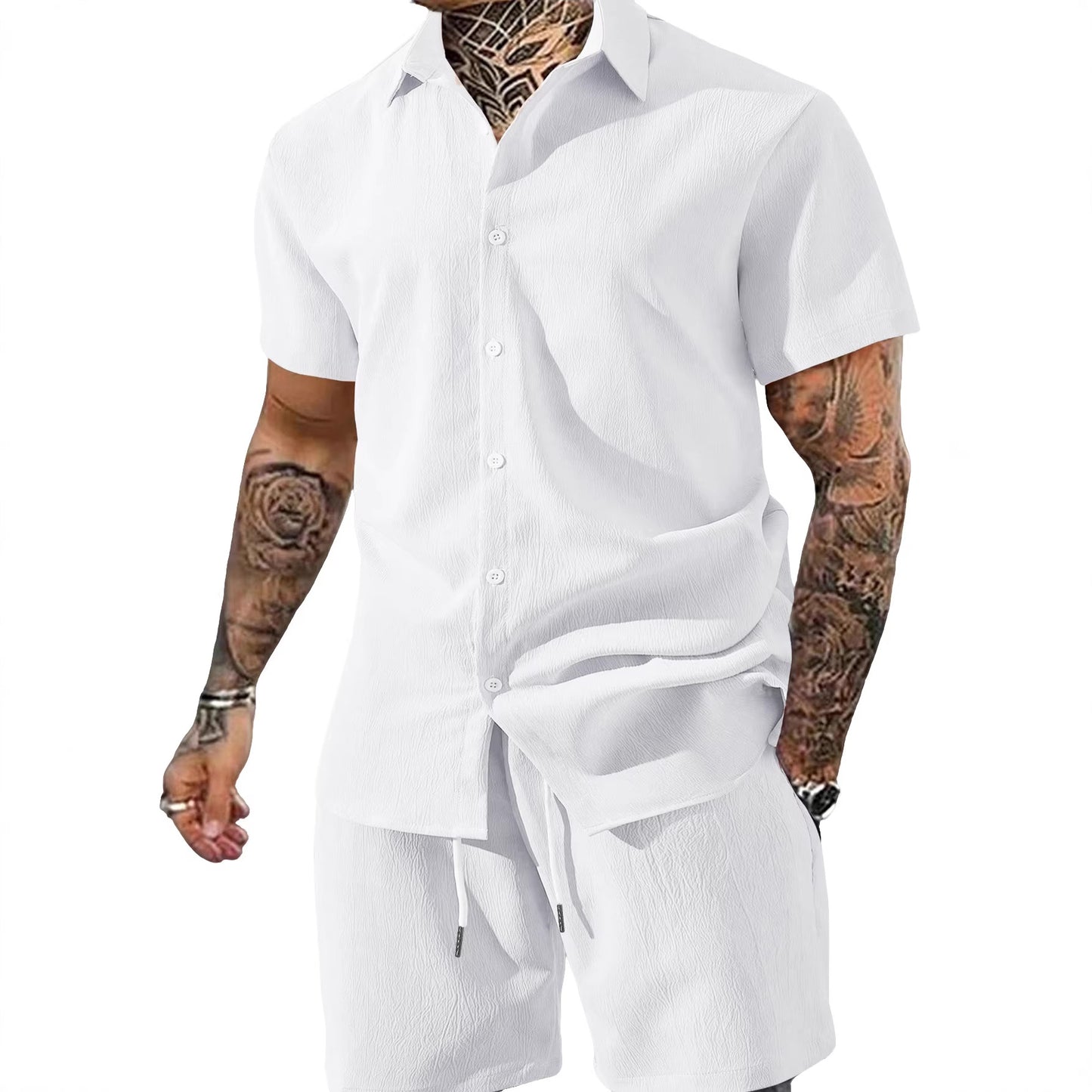 Ensemble Chemise & Short Homme – Col Revers, Manches Courtes, Couleur Unie