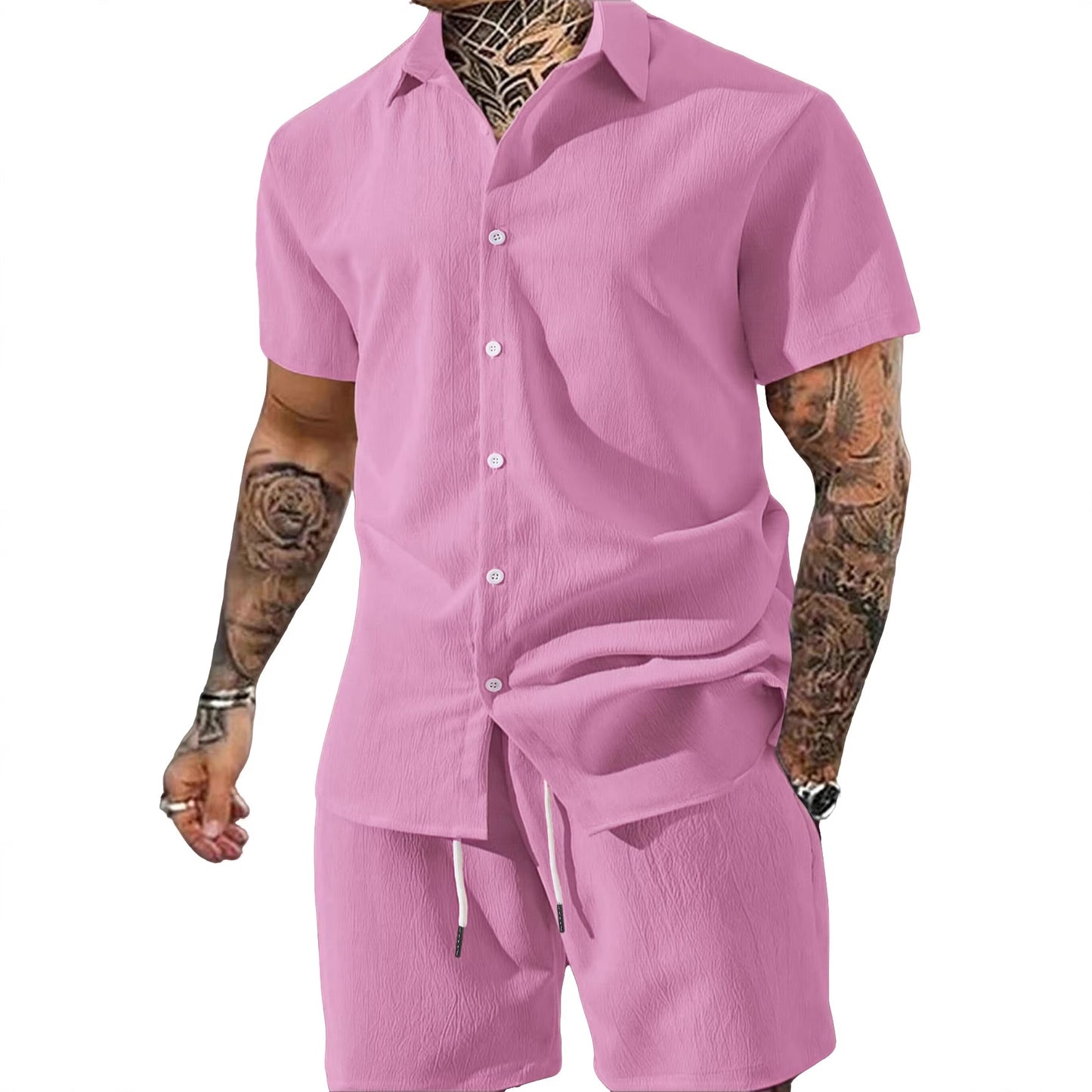 Ensemble Chemise & Short Homme – Col Revers, Manches Courtes, Couleur Unie