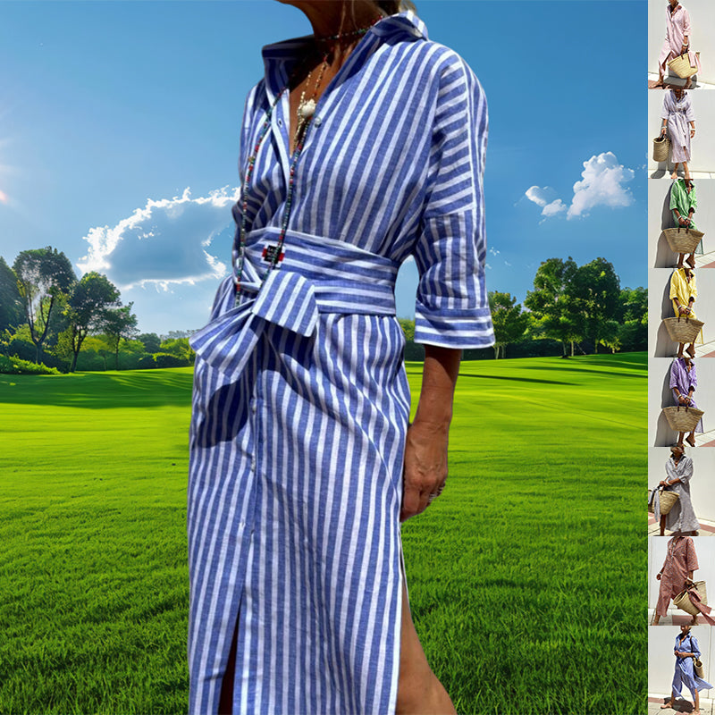 Robe chemise à rayures avec ceinture – Manches mi-longues, revers, boutonnage