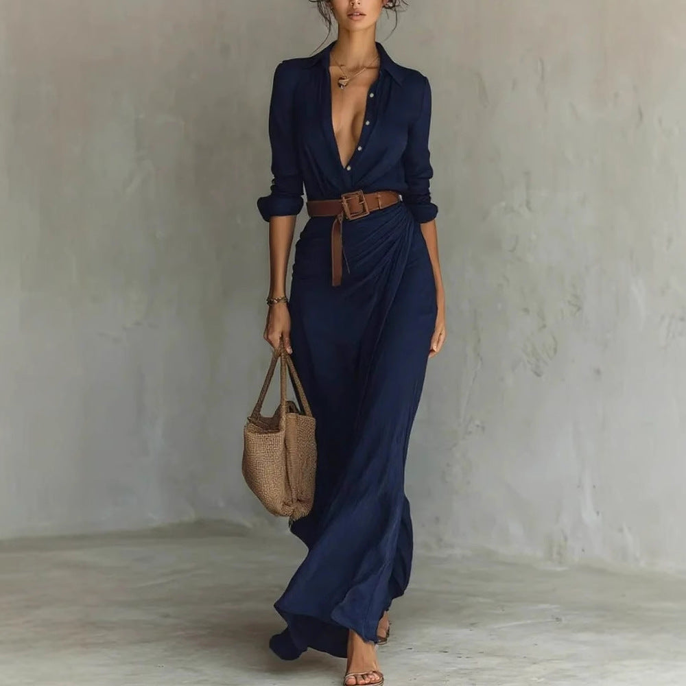Robe chemise longue irrégulière avec ceinture – Revers, manches longues, style bureau