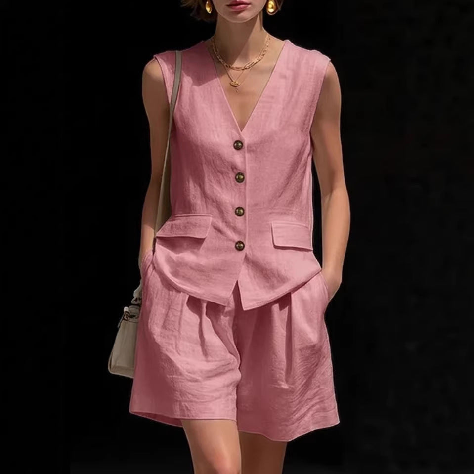Ensemble Femme Deux Pièces Gilet Sans Manches et Short en Coton-Lin