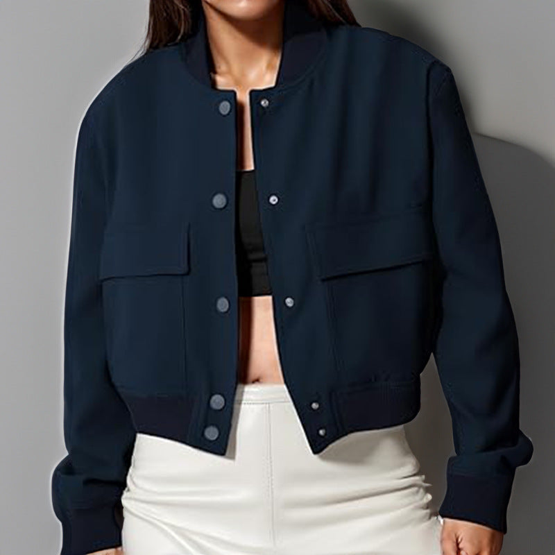 Veste courte femme à boutons et grandes poches – Col montant, coupe ample