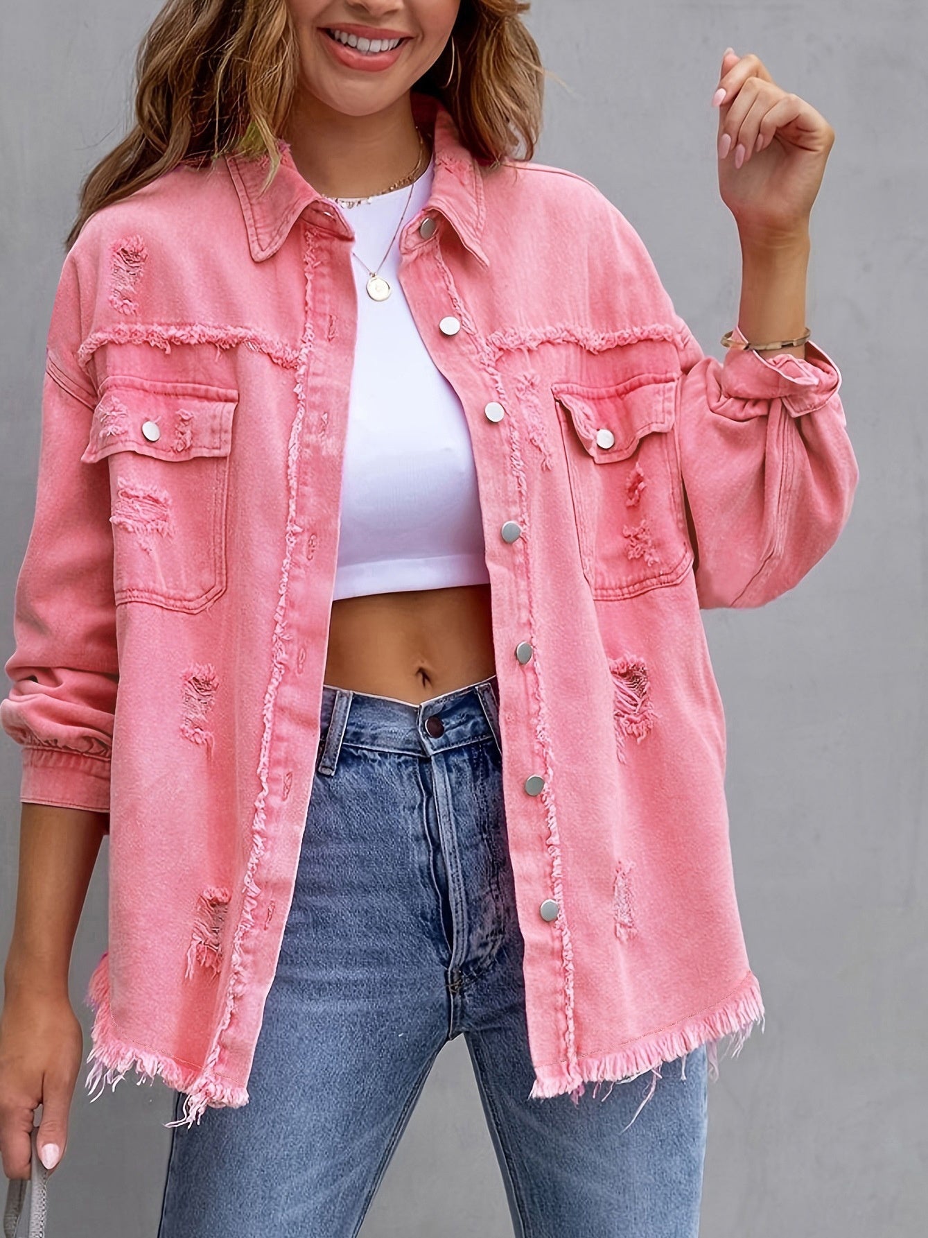 Veste chemise déchirée femme – Style casual printemps-automne