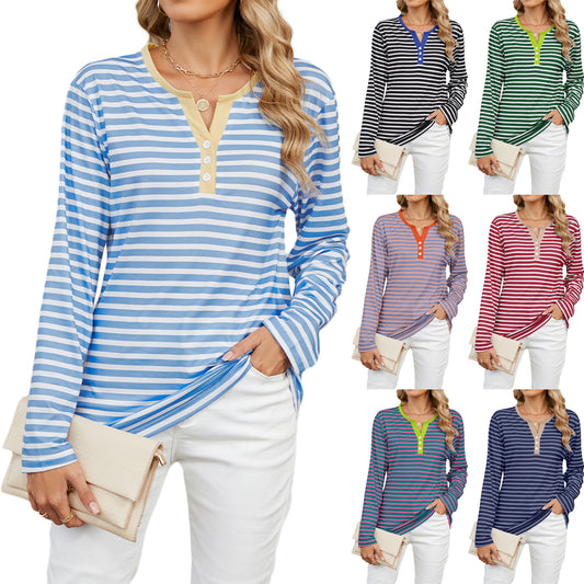 T-shirt femme col V à rayures – Manches longues, coupe ample