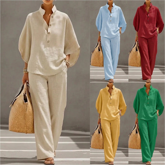 Ensemble femme 2 pièces – Top manches courtes & pantalon droit été