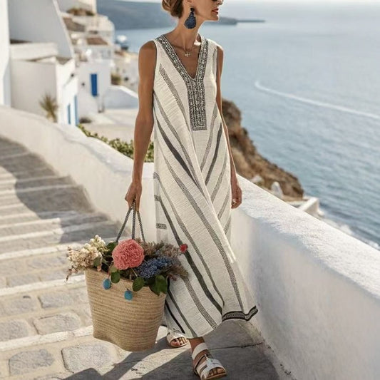 Robe sans manches col V à rayures – Style vacances imprimé, coupe décontractée