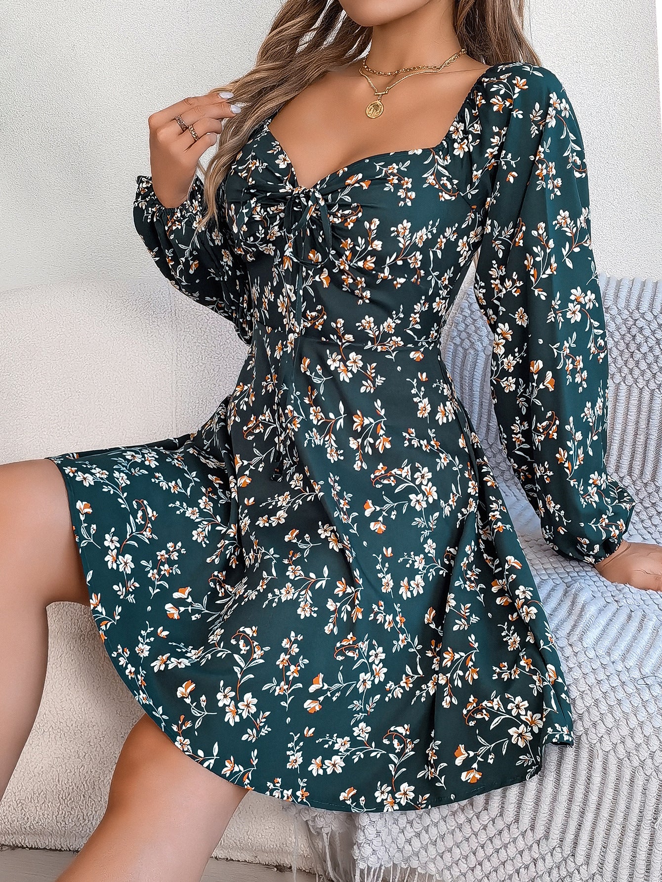 Robe Imprimée Florale Manches Lanternes Col Carré – Style Casual Sexy