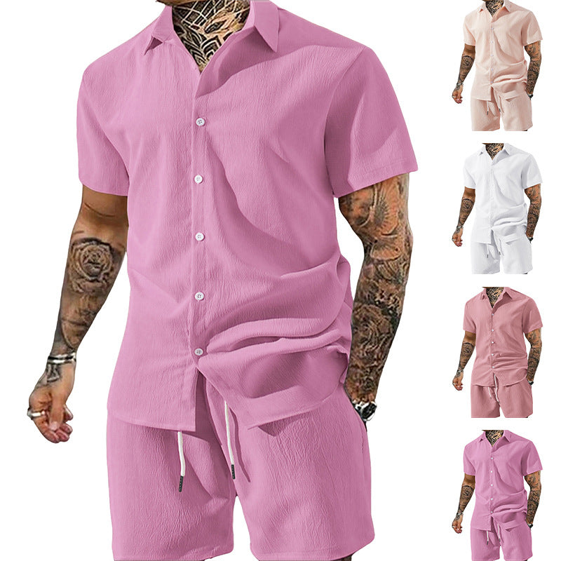 Ensemble Chemise & Short Homme – Col Revers, Manches Courtes, Couleur Unie