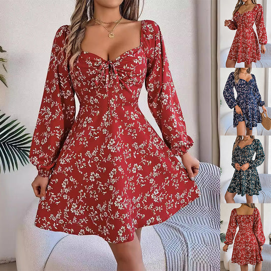 Robe Imprimée Florale Manches Lanternes Col Carré – Style Casual Sexy