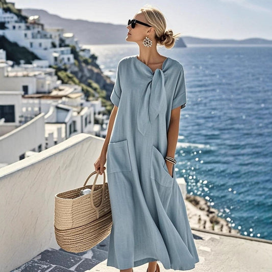 Robe Longue Ample à Manches Courtes avec Nœud et Poches – Style Élégant