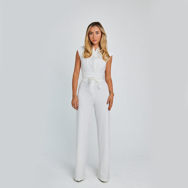 Combinaison longue sans manches femme – Col V, jambes larges, style élégant