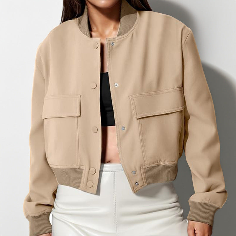 Veste courte femme à boutons et grandes poches – Col montant, coupe ample