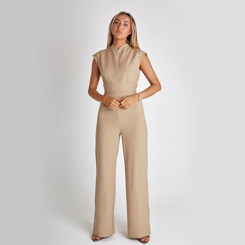 Combinaison longue sans manches femme – Col V, jambes larges, style élégant