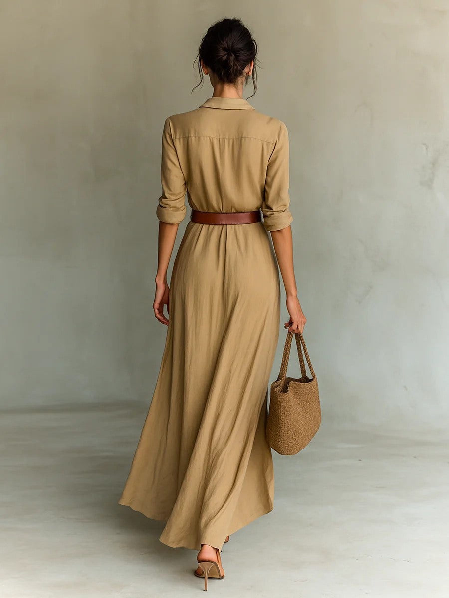 Robe chemise longue irrégulière avec ceinture – Revers, manches longues, style bureau