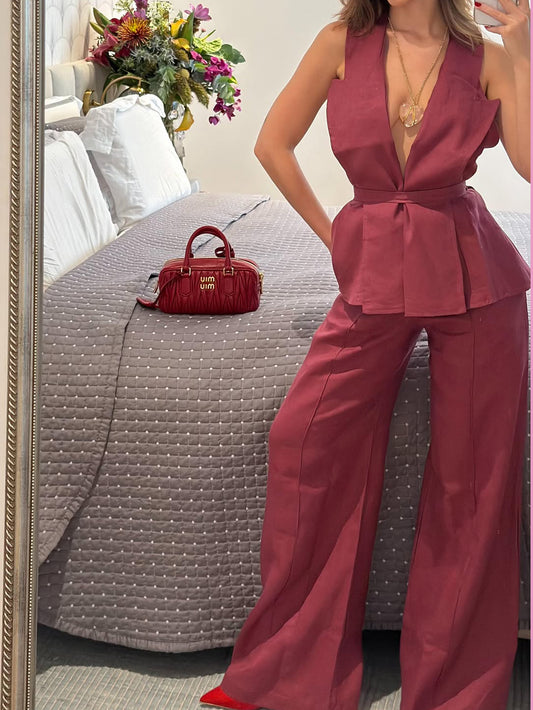 Ensemble 2 pièces – Top décolleté V sans manches & Pantalon taille haute coton lin