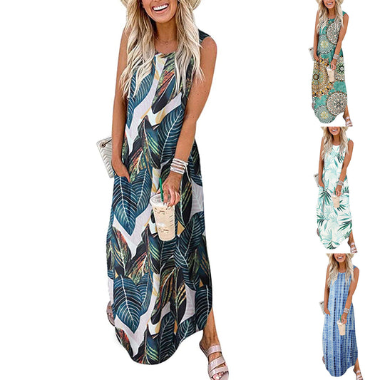 Robe imprimée sans manches à ourlet irrégulier – Style bohème tendance