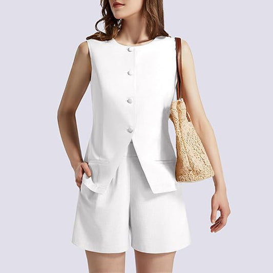 Ensemble 2 pièces sans manches, col rond, boutons, pantalon taille haute – Costume professionnel / de travail 