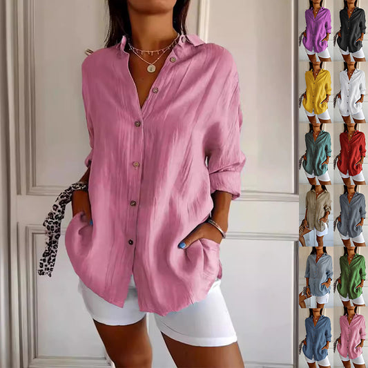 Chemise femme à revers et manches longues – Boutonnage simple, détails plissés