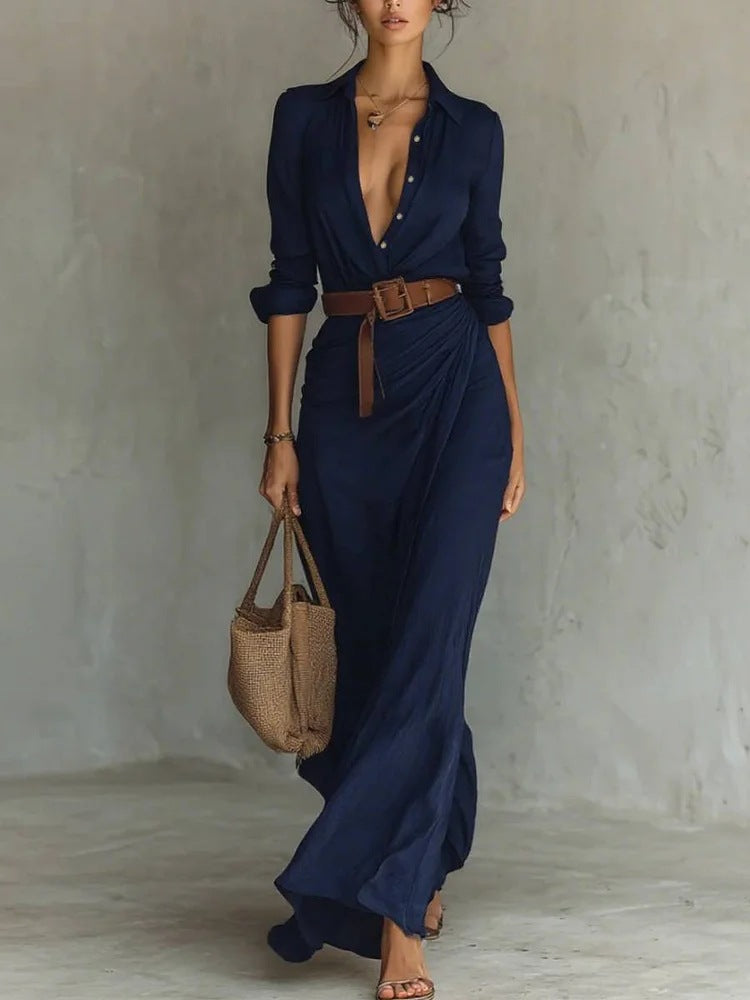 Robe chemise longue irrégulière avec ceinture – Revers, manches longues, style bureau