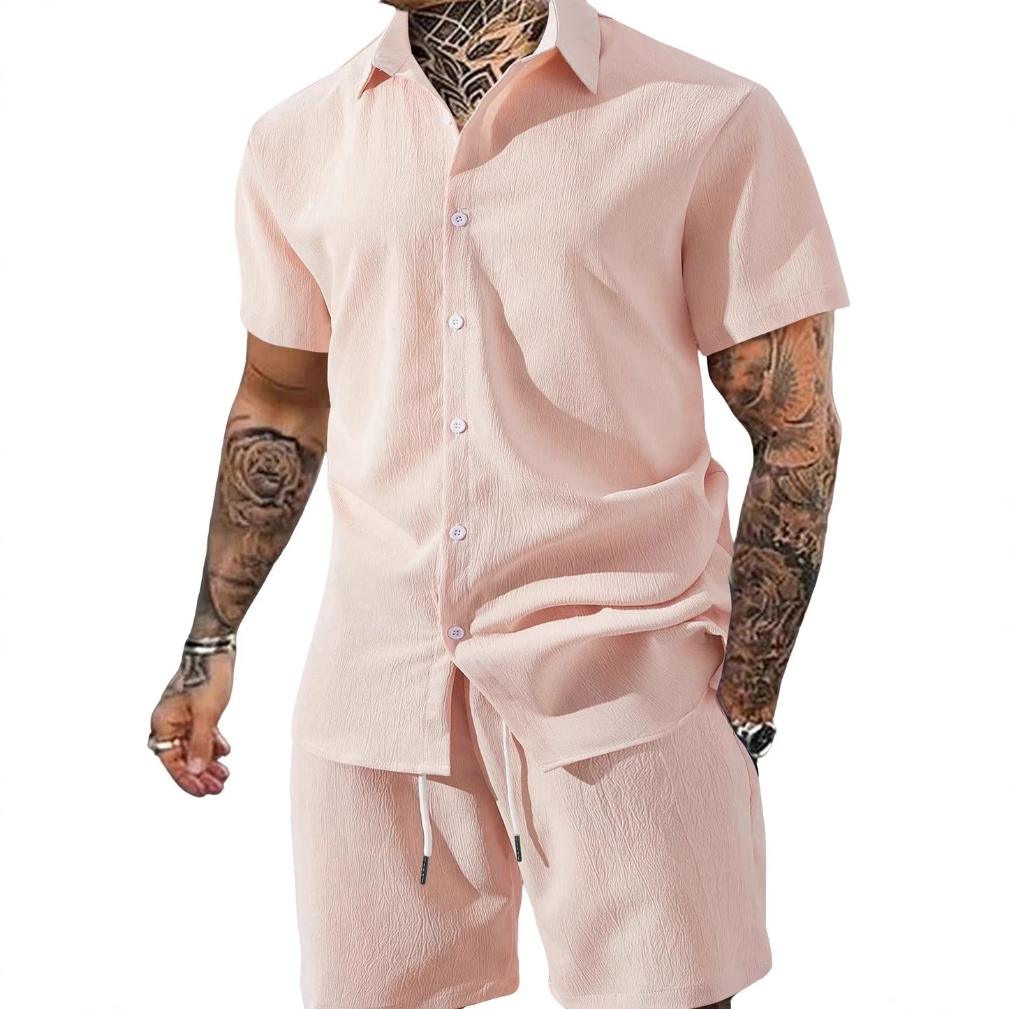 Ensemble Chemise & Short Homme – Col Revers, Manches Courtes, Couleur Unie