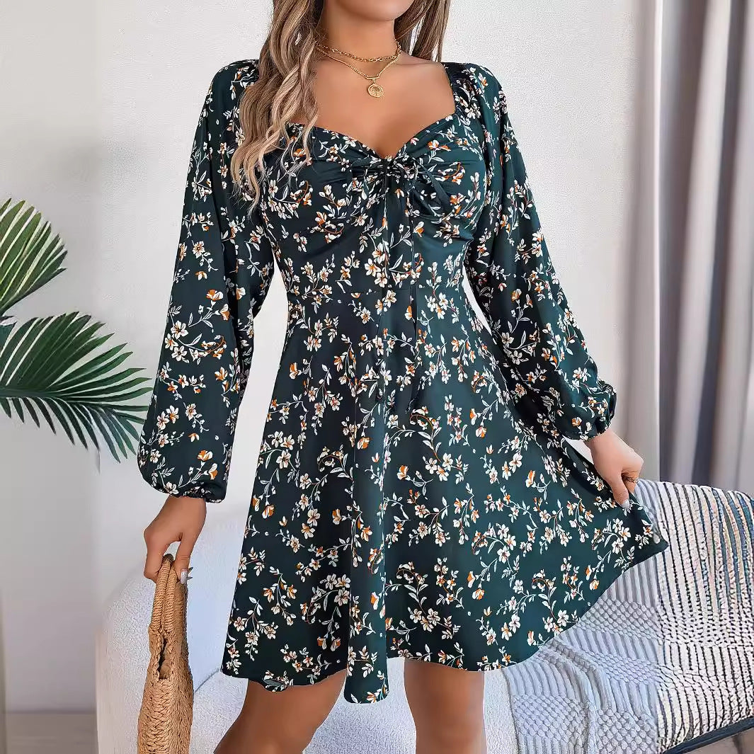 Robe Imprimée Florale Manches Lanternes Col Carré – Style Casual Sexy