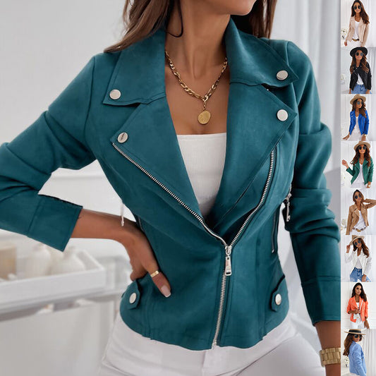 Veste courte zippée à revers et poches – Manches longues, style tendance femme