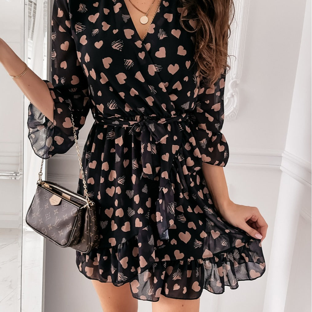 Robe Longue Manches Longues Imprimé Cœur – Style Romantique Femme