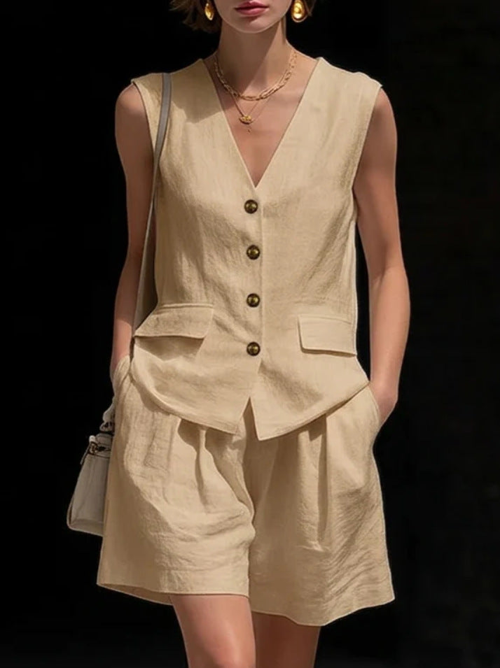 Ensemble Femme Deux Pièces Gilet Sans Manches et Short en Coton-Lin