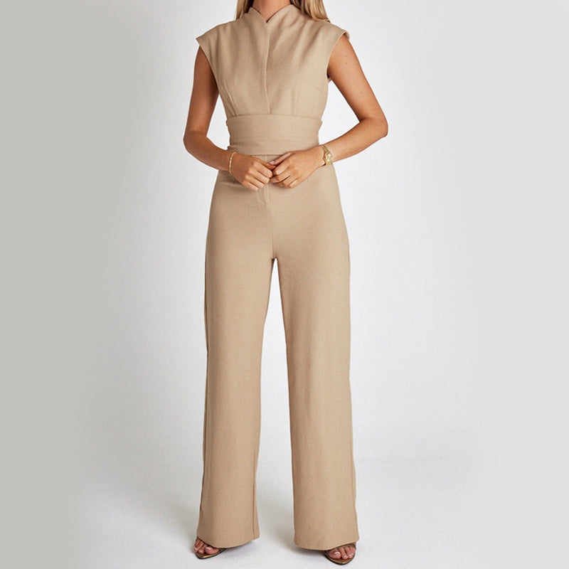 Combinaison longue sans manches femme – Col V, jambes larges, style élégant